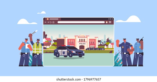 mix race policemen near digital city police station department building with police car in web browser window horizontal full length vector illustration