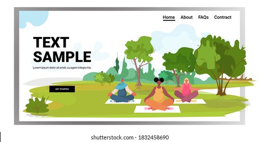 mix race pregnant women doing yoga fitness exercises training healthy lifestyle concept girls meditating in park landscape background horizontal full length copy space vector illustration