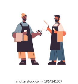 mix race professional male barbers in uniform standing together trendy haircut barbershop concept hipsters with scissors and razor in hands full length isolated vector illustration