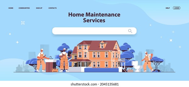 mix race professional repairmen in uniform making house renovation home maintenance repair service concept