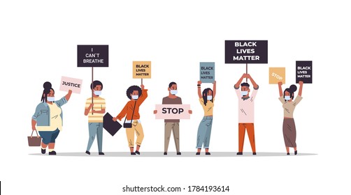 mix race protesters with black lives matter banners protesting against racial discrimination social problems of racism horizontal full length vector illustration