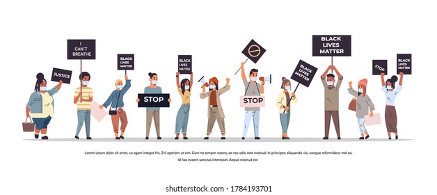 mix race protesters with black lives matter banners protesting against racial discrimination social problems of racism horizontal full length copy space vector illustration