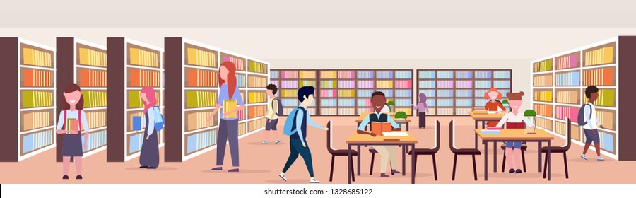 mix race pupils choosing and reading books workplace desks study area bookshelves modern library interior education knowledge concept flat horizontal banner full length