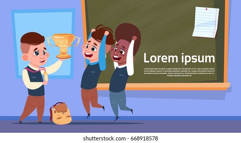 Mix Race Pupils In Class Room Holding Golden Cup, School Boys Over Chalk Board Flat Vector Illustration