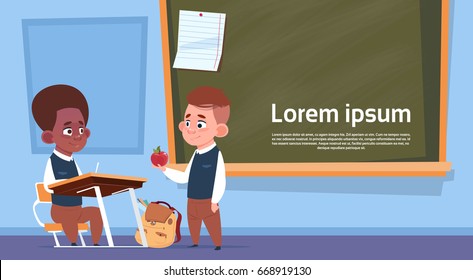 Mix Race Pupils In Class Room, Two School Boys Over Chalk Board Flat Vector Illustration