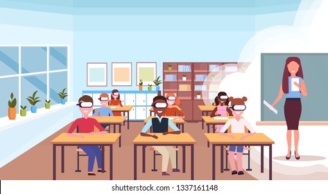 mix race pupils sitting desks wearing digital glasses virtual reality woman teacher reading book headset vision education concept modern school classroom interior horizontal flat