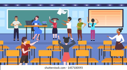 mix race pupils wearing modern 3d glasses schoolchildren experiencing virtual reality through headset during lesson vr digital technology concept school classroom interior flat horizontal
