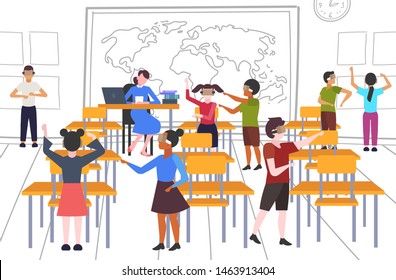 mix race pupils wearing modern 3d glasses schoolchildren experiencing virtual reality through headset during lesson vr digital technology concept school classroom interior flat horizontal