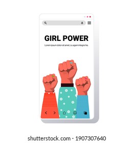 mix race raised up women's fists female empowerment movement girl power union of feminists concept smartphone screen copy space vector illustration