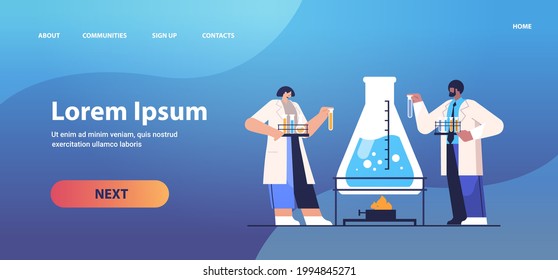 mix race research scientist working with test tube researchers making chemical experiment in laboratory
