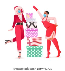 mix race santa women with gifts wearing masks to prevent coronavirus pandemic new year christmas holidays celebration concept full length vector illustration