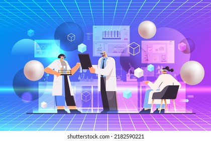 mix race scientist teamin virtual reality glasses working with test tubes researchers making chemical experiments in lab