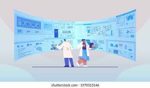 mix race scientists team analyzing medical data on virtual board medicine healthcare concept hospital interior