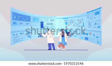 mix race scientists team analyzing medical data on virtual board medicine healthcare concept hospital interior