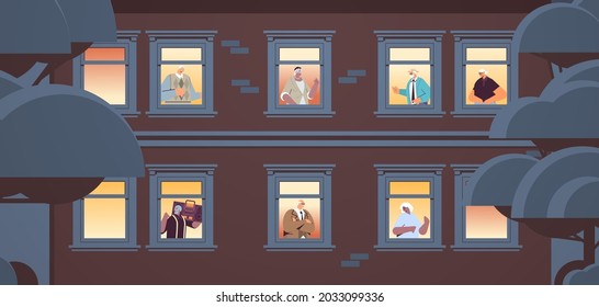 mix race senior people looking out of apartment windows old age concept house facade portrait