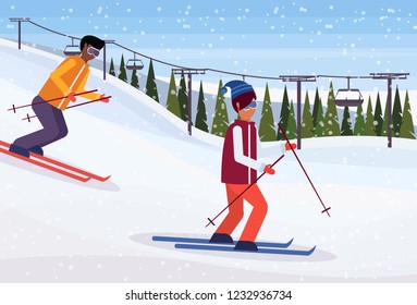 mix race skiers sliding down winter snowy mountain fir tree forest landscape cable car background ski resort horizontal flat vector illustration