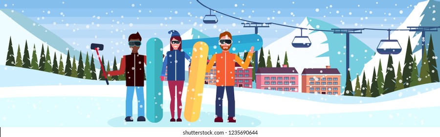 mix race snowboarders taking selfie ski resort hotel houses buildings cable car snowy mountains fir tree landscape background winter vacation concept flat horizontal