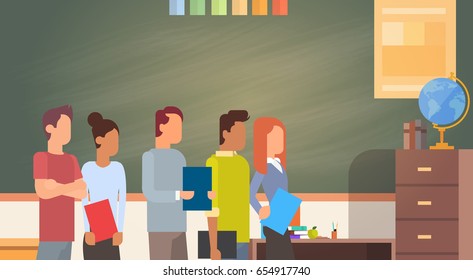 Mix Race Student Group Over Green Blackboard Holding Books University Education Flat Vector Illustration