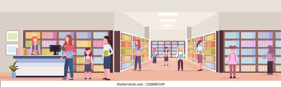 mix race students borrowing books from librarian modern library bookstore interior reading education knowledge concept flat full length horizontal banner