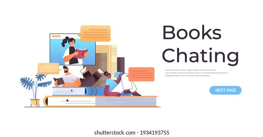 mix race students couple reading and chatting books with female teacher in web browser window online book club concept horizontal copy space vector illustration