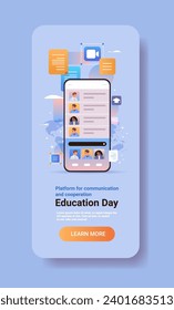 mix race students group discussing during online video call on smartphone screen virtual conference education day live webinar e-learning