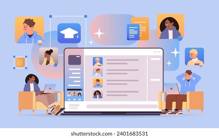 mix race students group discussing during online video call on laptop screen virtual conference education day live webinar e-learning concept