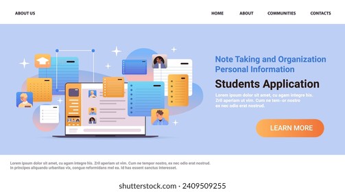 grupo de estudiantes de raza mixta tomando notas y organizando información personal en pantalla portátil conferencia virtual día de educación e-learning