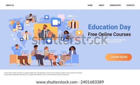mix race students group watching free online courses on laptop education day live webinar e-learning concept copy space