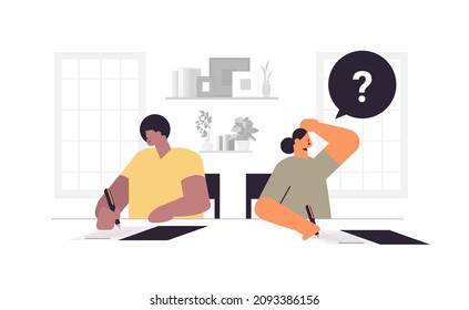 mix race students having exam writing test education learning process concept classroom interior