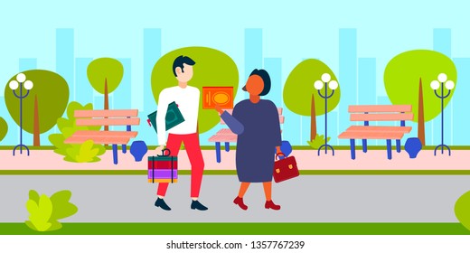 mix race students holding books guy and girl wolking together city urban park education concept cartoon characters full length landscape background horizontal flat