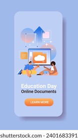 mix race students sending documents online education day live webinar distance e-learning concept vertical
