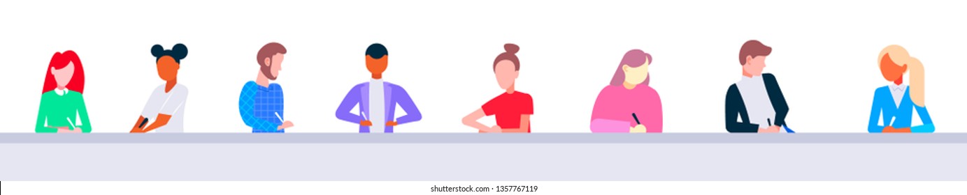 mix race students sitting in row at table desk doing exam task lecture hall studying process modern university classroom education learning concept portrait flat horizontal banner