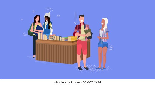 mix race students standing at counter desk men women discussing during meeting choosing books for reading library or bookstore visitors flat full length horizontal