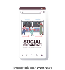 mix race subway passengers in protective masks keeping distance to prevent coronavirus in public transport social distancing concept smartphone screen copy space vector illustration