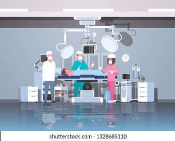 mix race surgeons team surrounding patient lying on operation table during surgery medical workers in operation room modern hospital clinic interior horizontal full length