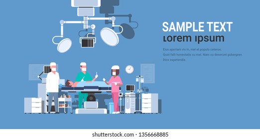 mix race surgeons team surrounding patient lying on operation table during surgery medical workers in operation room horizontal copy space blue background full length