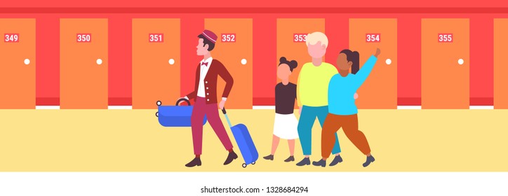 mix race tourists family with african american bellboy carrying luggage to guest room hospitality staff service concept modern hotel corridor interior full length horizontal vector illustration