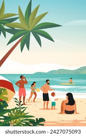 mix race tourists relaxing on tropical beach people enjoying summer vacation time to travel concept seascape background vertical
