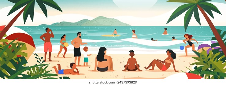 mix race tourists relaxing on tropical beach people enjoying summer vacation time to travel concept seascape background