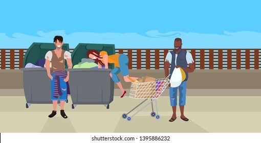 mix race tramps searching food and clothes in trash can on street african american beggar pushing trolley cart with belongings homeless concept horizontal full length vector