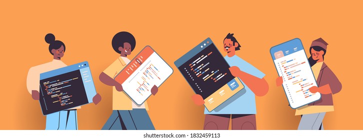 mix race web developers creating program code development of software and programming concept portrait horizontal copy space vector illustration