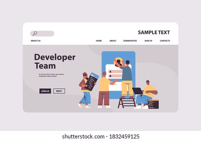 mix race web developers team creating program code application development software programming concept full length horizontal copy space vector illustration