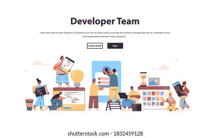 Mix Race Web Developers Team Creating Program Code Application Development Software Programming Concept Full Length Horizontal Copy Space Vector Illustration