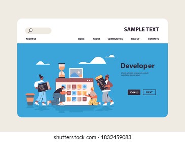 Mix Race Web Developers Testing New App Features Coding Together Application Development Software Programming Concept Full Length Horizontal Copy Space Vector Illustration