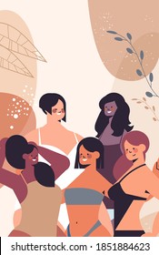 mix race women of different height figure type and size standing together love your body concept girls in swimsuits portrait vertical vector illustration