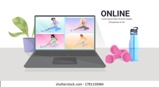 mix race women doing yoga fitness exercises on laptop screen online training healthy lifestyle concept horizontal copy space vector illustration