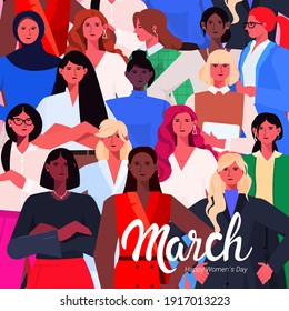 mix race women group celebrating international womens day 8 march holiday celebration concept portrait vector illustration