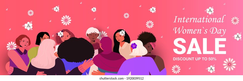 mix race women group standing together girls celebrating womens day 8 march holiday concept portrait horizontal vector illustration