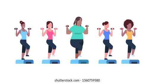 mix race women holding dumbbells doing squats on step platform different body types girl training in gym workout weight loss concept flat white background horizontal