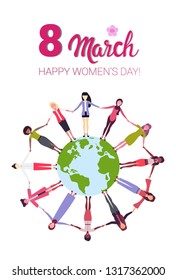 mix race women holding hands around globe international happy 8 march day holiday concept girls surrounding world vertical greeting card